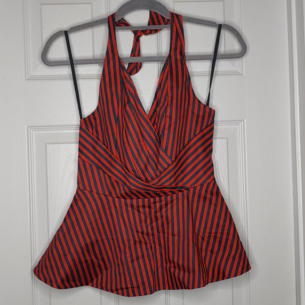 Red and Gray Striped  Peplum Halter Top